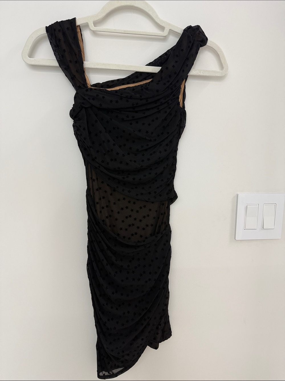 Majorelle Black Star-Print Sheer Draped One-Shoulder Dress
